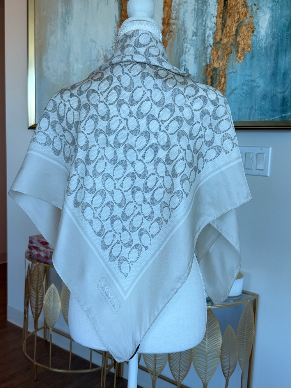 Coach Cream and Gray Signature Logo Square Silk Scarf